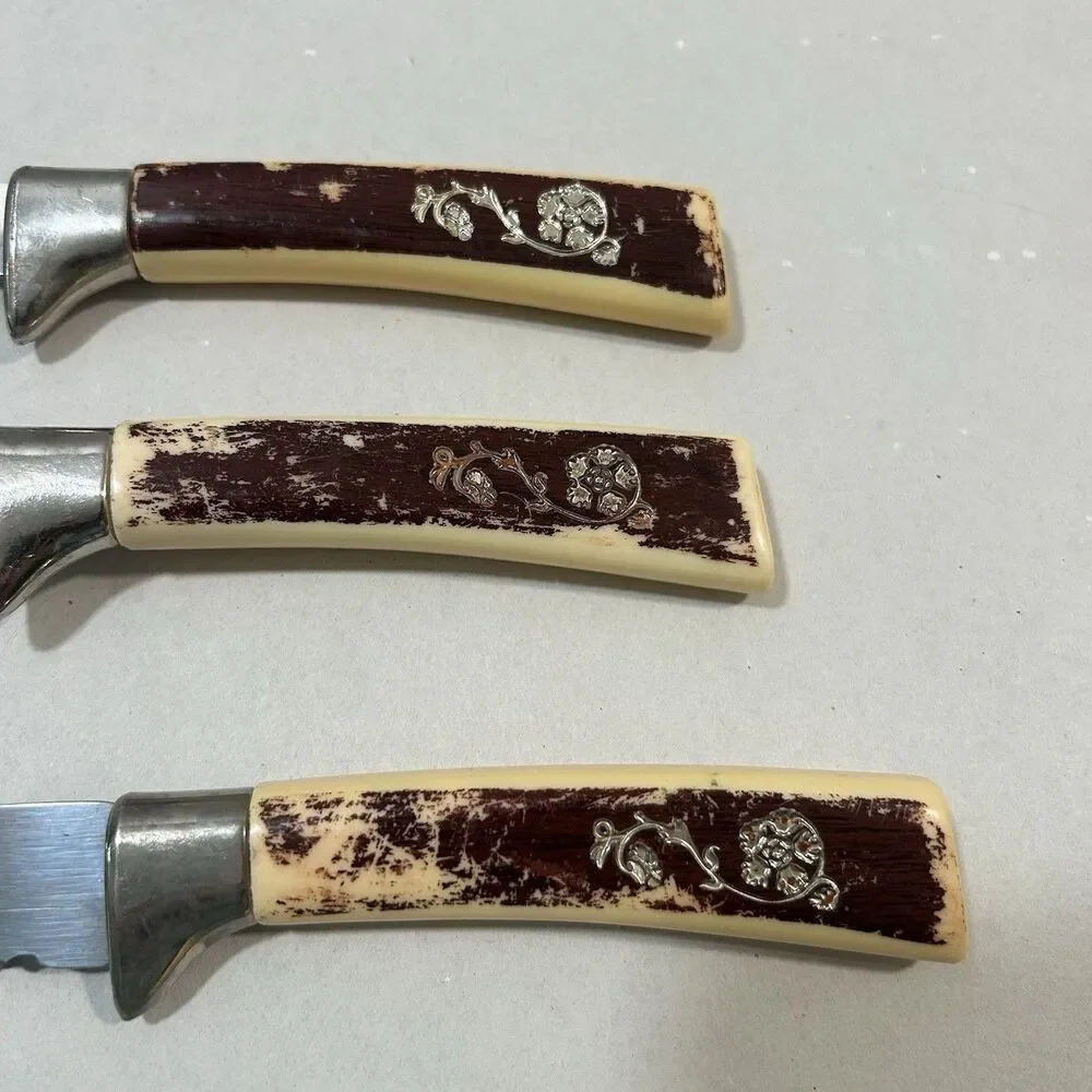 VINTAGE LIFETIME CUTLERY Sheffield England 4-Pc Carving Set Faux Stag Floral